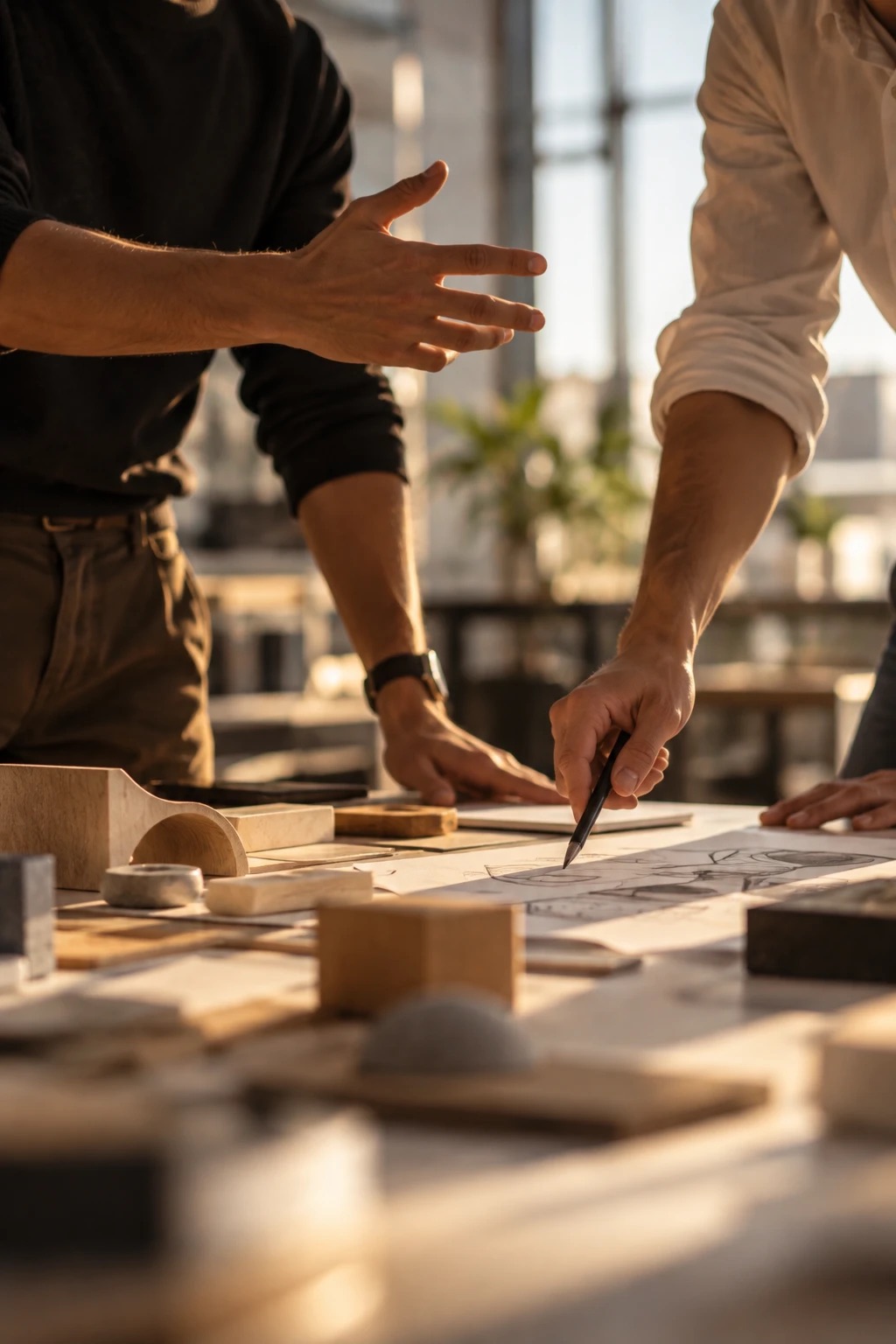 Two people at a worktable with material samples, one pointing a pencil at a sketch