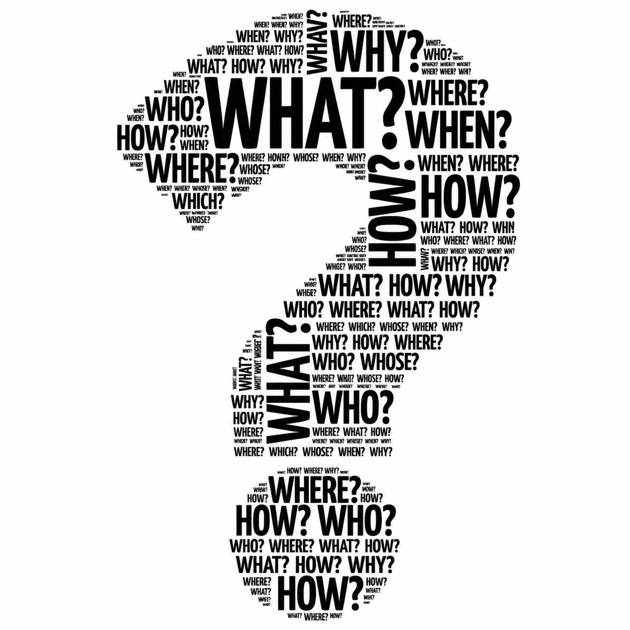A question mark made of the words what, why, how, who, where and when